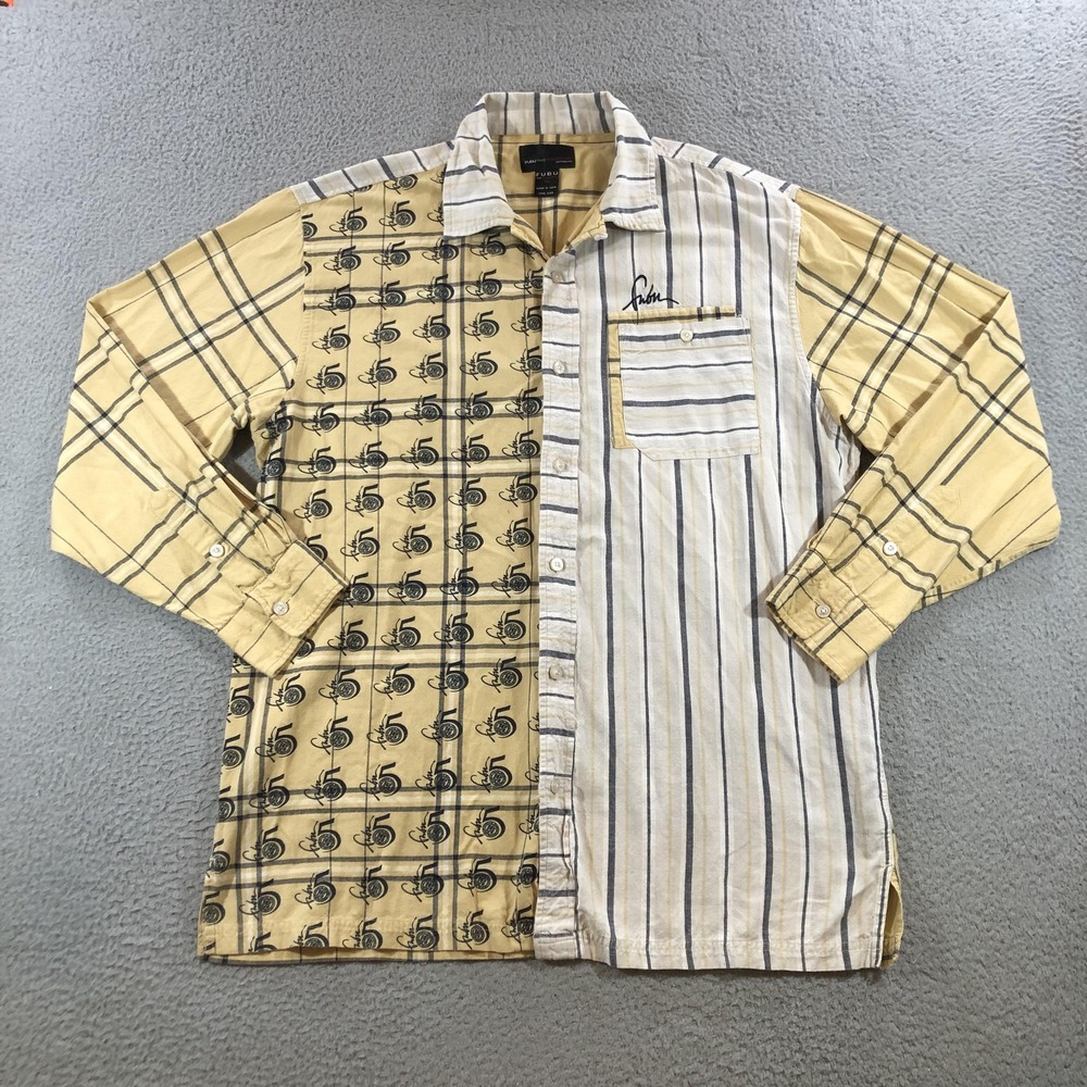 FUBU The Collection Shirt Mens XL Yellow Patchwork Striped Plaid Button Up Mix